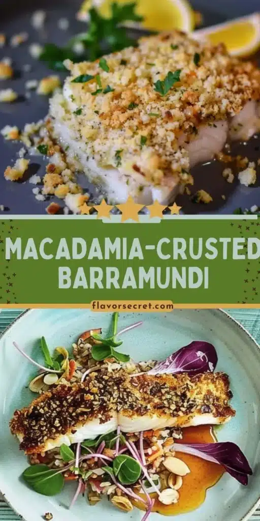 Delicious Macadamia-Crusted Barramundi served with fresh herbs and lemon.