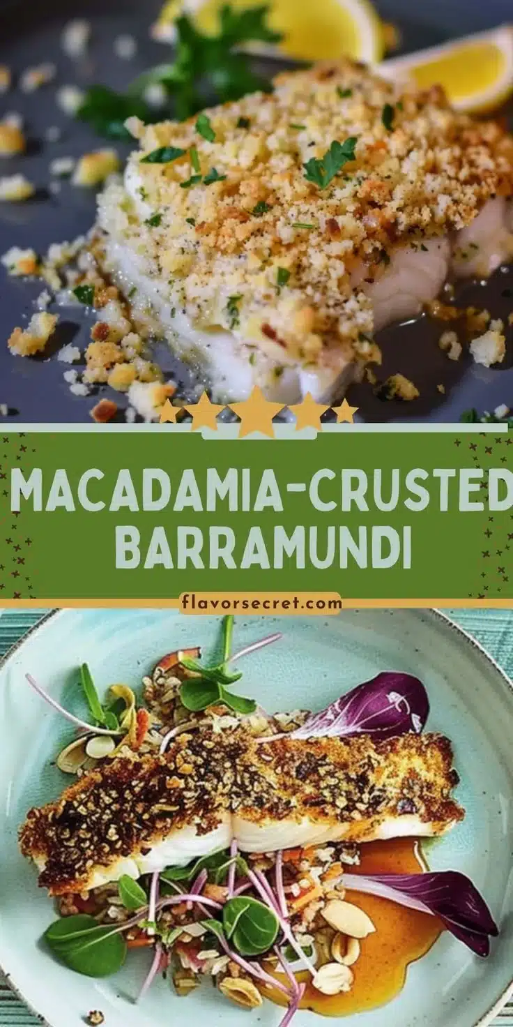Delicious Macadamia-Crusted Barramundi served with fresh herbs and lemon.