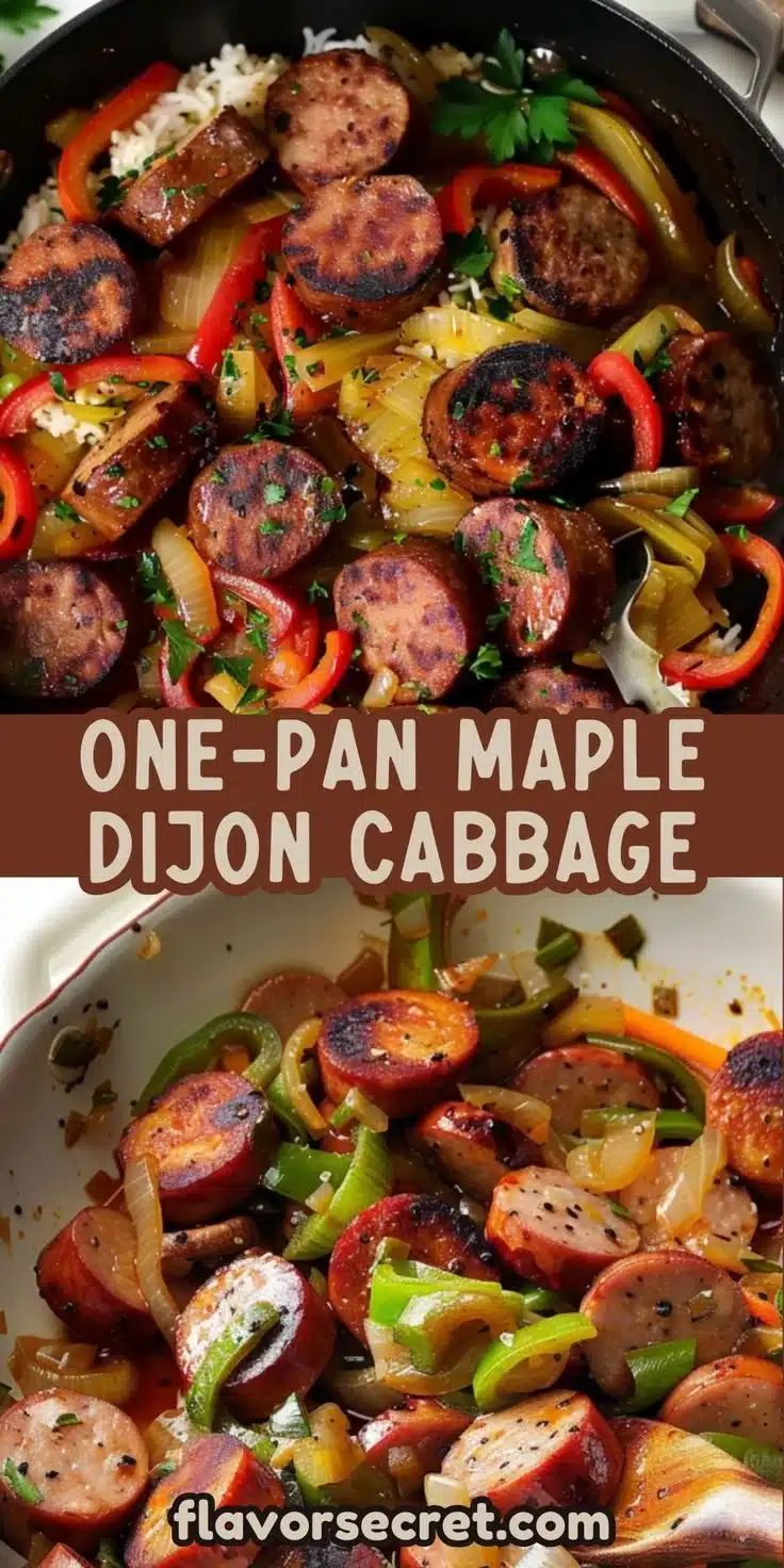 Maple Dijon Cabbage & Sausage Skillet dish served in a skillet