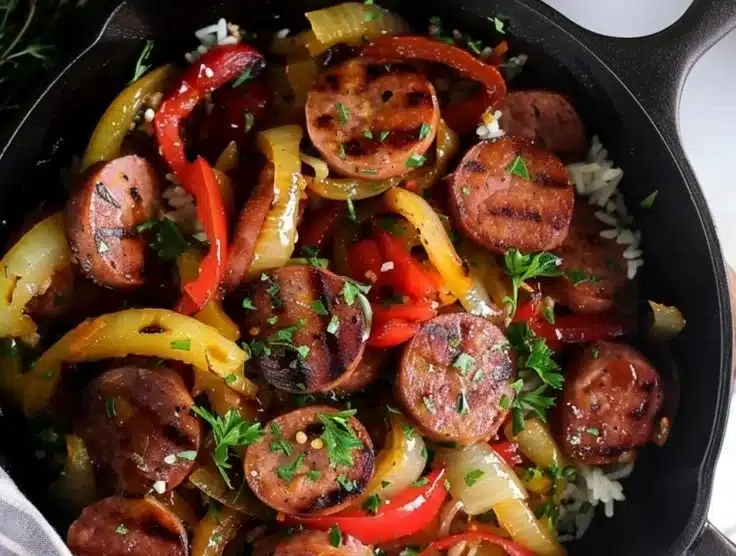 Maple Dijon Cabbage and Sausage Skillet served in a frying pan with vegetables and sausage