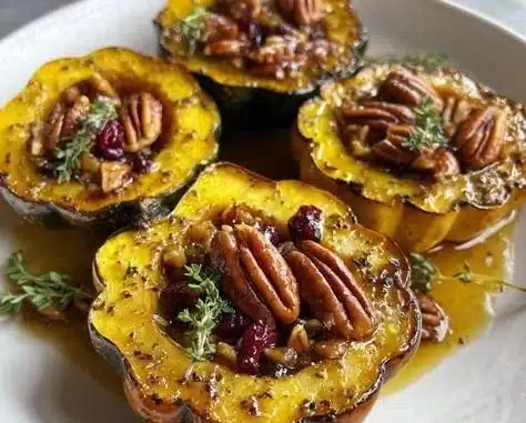 Maple Pecan Roasted Acorn Squash garnished with pecans and maple syrup