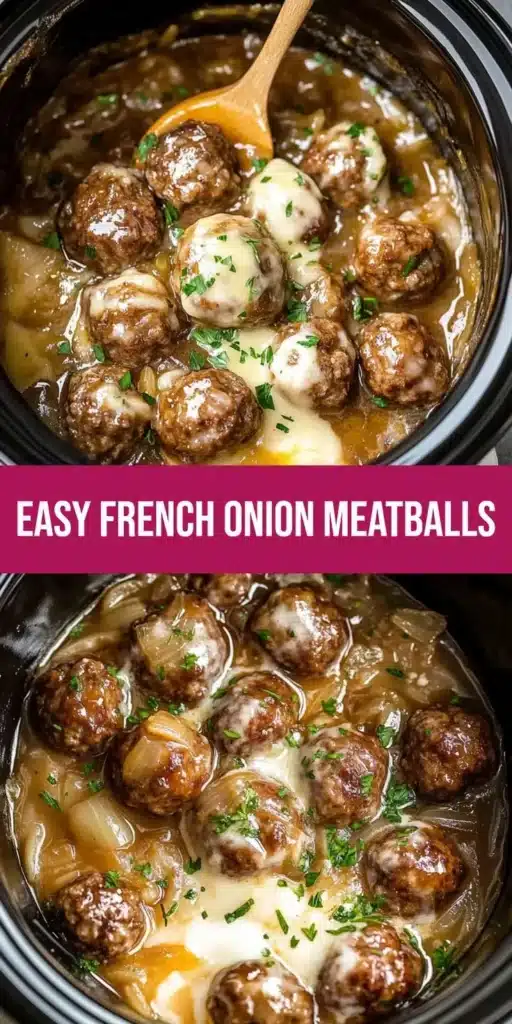 Crock Pot French onion meatballs served in a bowl with melted cheese