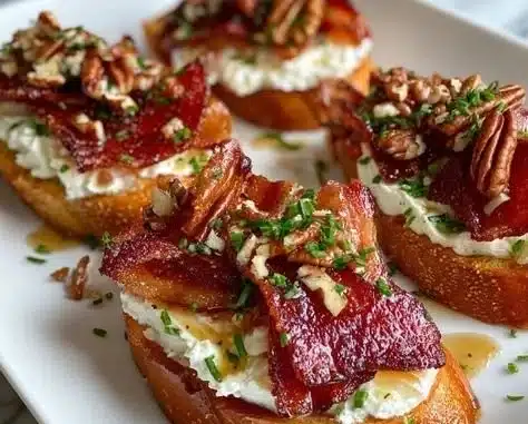 Crispy bacon crostini topped with delicious garnishes