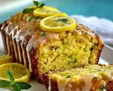 Moist lemon zucchini cake drizzled with sweet glaze on a plate