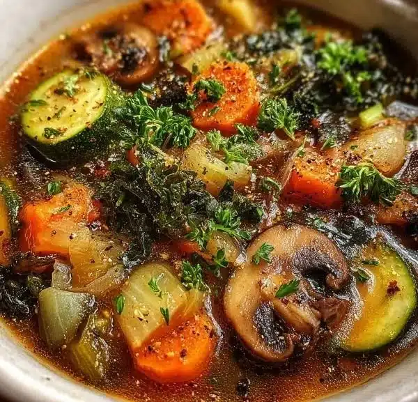 Bowl of mystical witch soup with herbs and spices