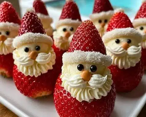 No-bake strawberry santas decorated with whipped cream and chocolate chips