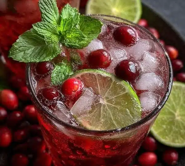 Non-Alcoholic Cranberry Mule Mocktail in a glass with fresh cranberries and lime