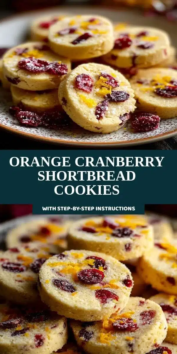 Orange cranberry shortbread cookies on a decorative plate with festive background.