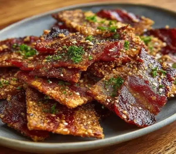 Parmesan Candied Bacon Crackers topped with melted cheese and crispy bacon.