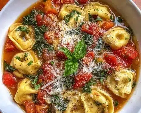 Bowl of Parmesan Tomato Tortellini Soup with fresh herbs