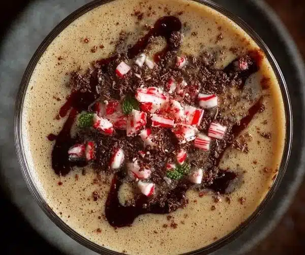 Peppermint Espresso Martinis served in elegant glasses with festive decorations