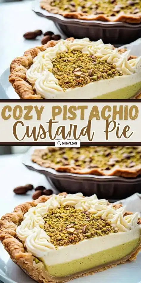 Deliciously layered Pistachio Custard Pie garnished with nuts.