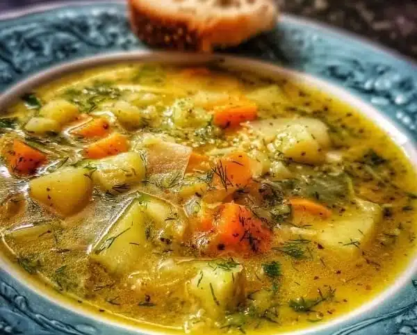 Bowl of Polish Dill Soup garnished with fresh dill and vegetables.