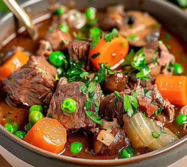 Provençal beef stew with red wine and herbs served in a rustic bowl