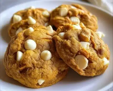 Delicious pumpkin cookies with white chocolate chips on a rustic wooden table.
