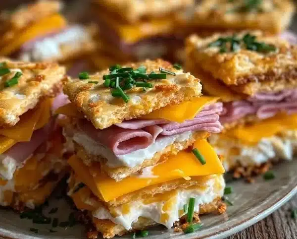 Ritz Cracker party sandwiches arranged on a platter for a festive gathering