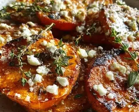 Plate of roasted sweet potato rounds with honey, feta cheese, and thyme garnish