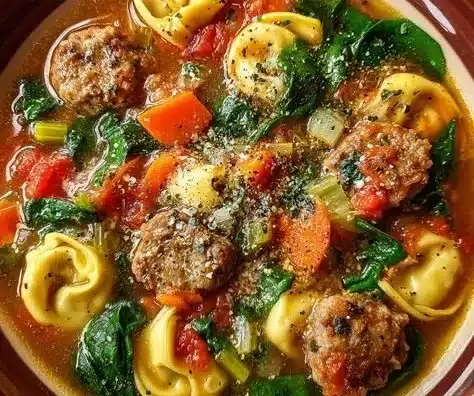 Bowl of Sausage Tortellini Soup with sausage, tortellini, and fresh herbs