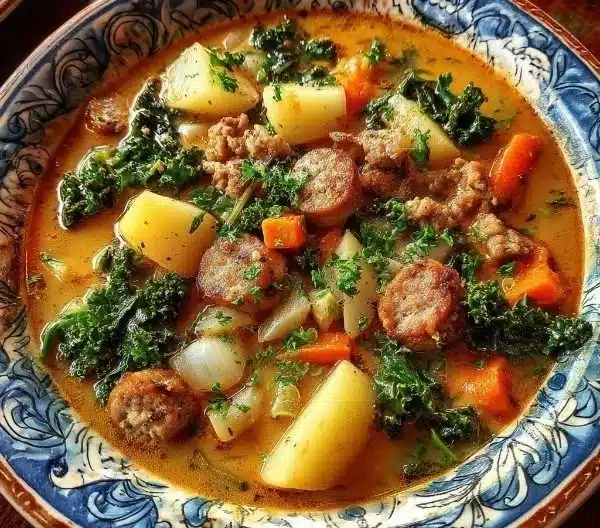 A hearty bowl of sausage potato soup garnished with herbs.