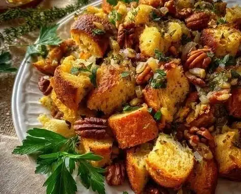 Savory herb-infused stuffing with toasted nuts served in a bowl.