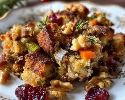 Savory vegan stuffing made with fresh herbs and vegetables.