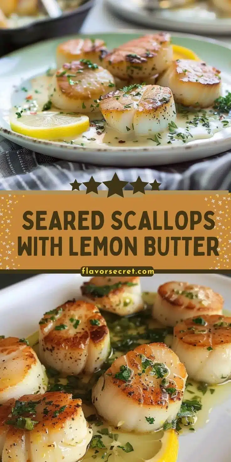 Plate of seared scallops with lemon butter sauce garnished with herbs