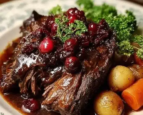 Slow-braised beef roast topped with cranberry balsamic glaze on a plate