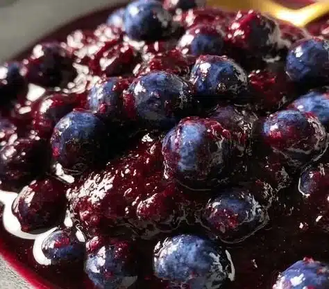 Slow cooker blueberry butter spread in a jar with fresh blueberries