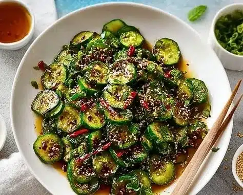 Smashed Asian Cucumber Salad with fresh herbs and sesame seeds