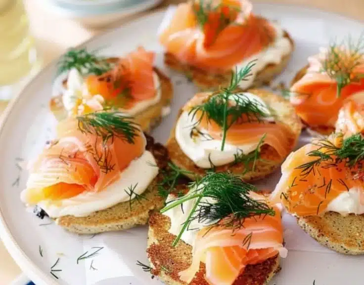 Smoked salmon and dill blini cake garnished and ready to serve