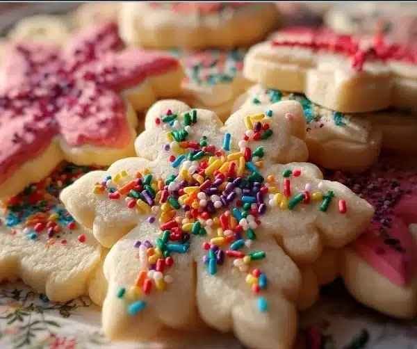 A batch of soft cut-out sugar cookies decorated with colorful icing and sprinkles