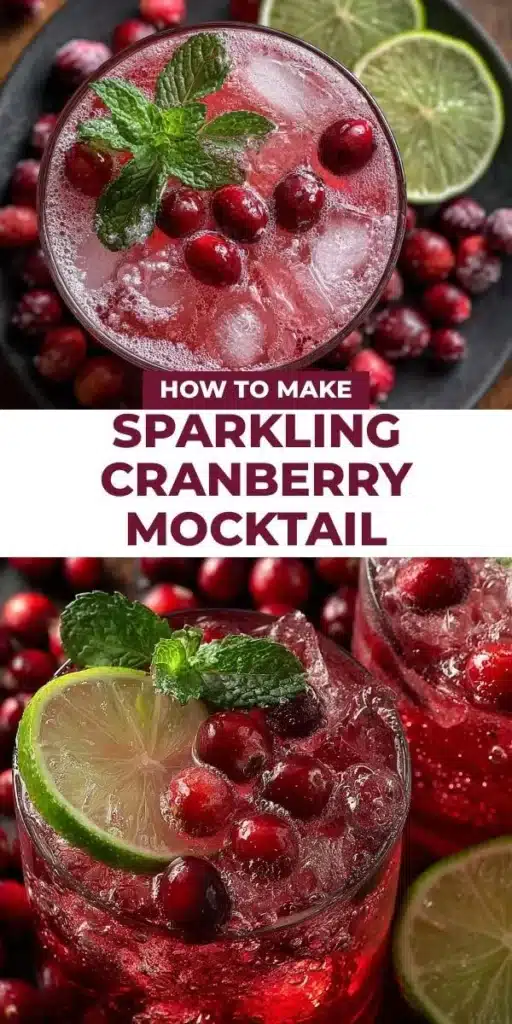 Sparkling Cranberry Mocktail garnished with fresh cranberries and mint leaves.