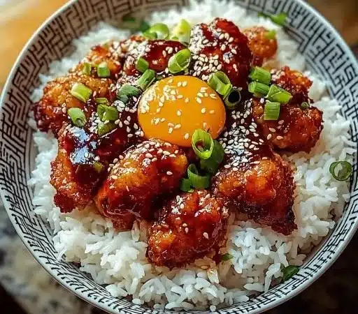 Delicious sticky Korean fried chicken served in a rice bowl
