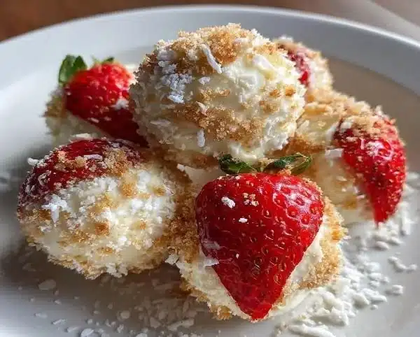Strawberry cheesecake truffle balls topped with fresh strawberries and chocolate drizzle.