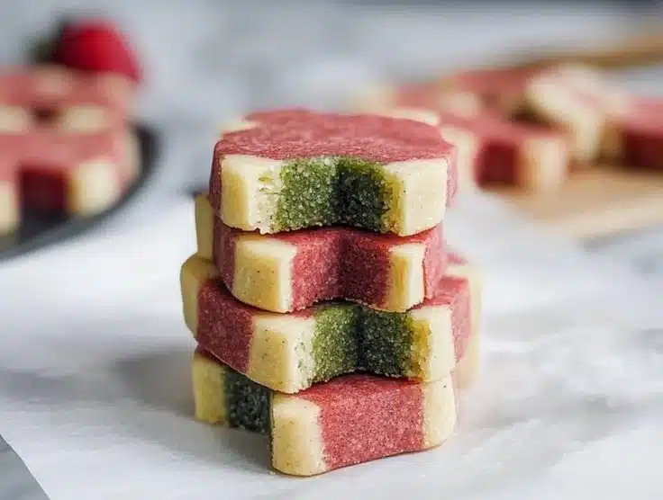 Strawberry matcha shortbread cookies with a vibrant green and pink hue