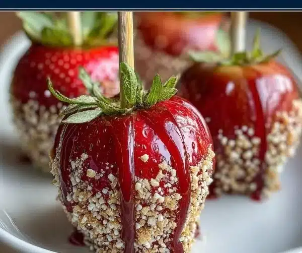 Strawberry Shortcake Candy Apples with fresh strawberries and whipped cream