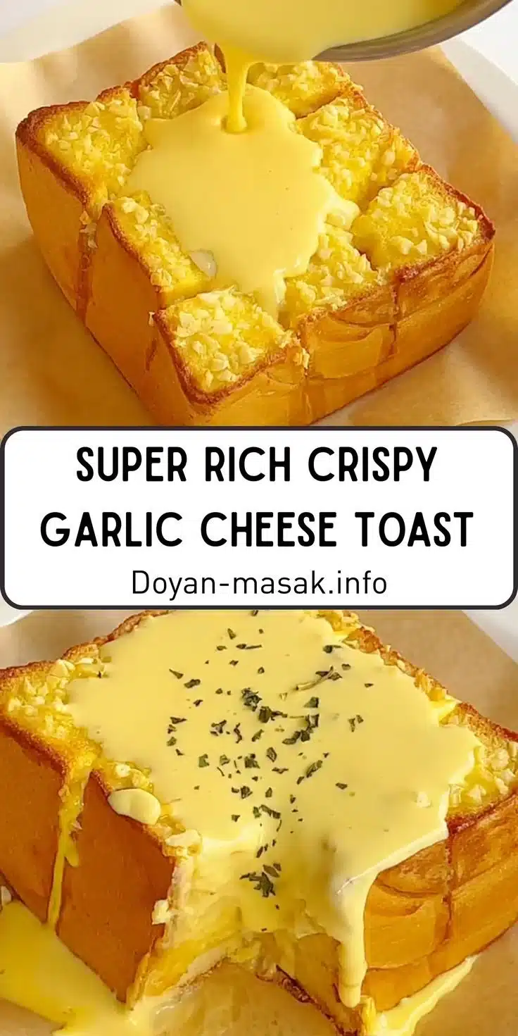 Super rich and crispy garlic cheese toast garnished with herbs
