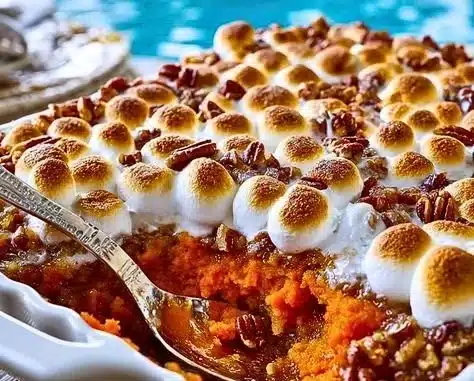 Sweet potato casserole topped with marshmallows made from canned yams