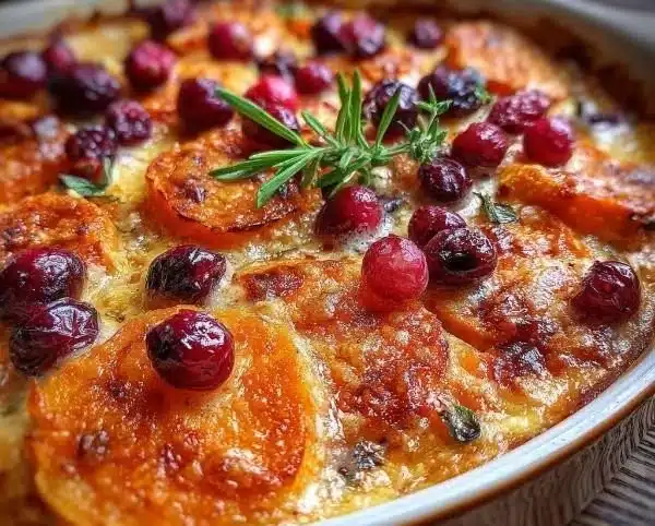 Delicious sweet potato and cranberry gratin dish perfect for holiday celebrations