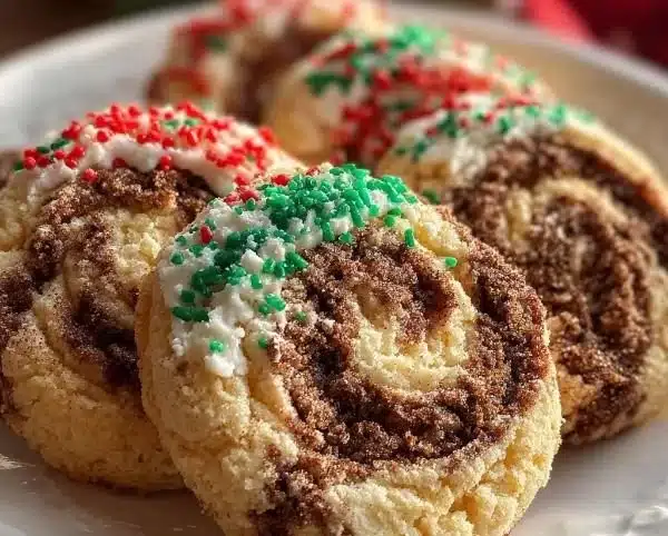 Assorted swirled Christmas cookies decorated with festive icing and sprinkles.