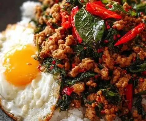 Delicious Thai Basil Chicken stir-fry served with rice and fresh vegetables.