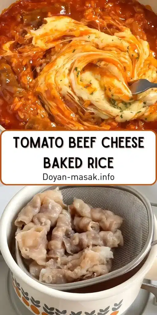 Delicious Tomato Beef Cheese Baked Rice, rich and cheesy with a spicy kick.