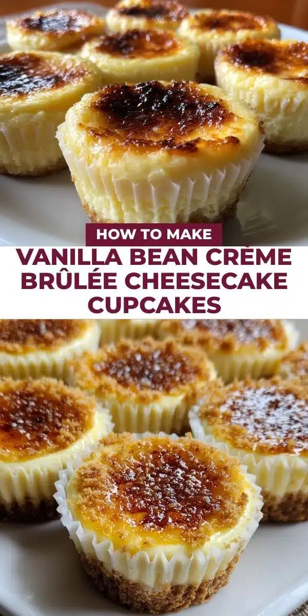 Vanilla Bean Crème Brûlée Cheesecake Cupcakes with caramelized sugar topping