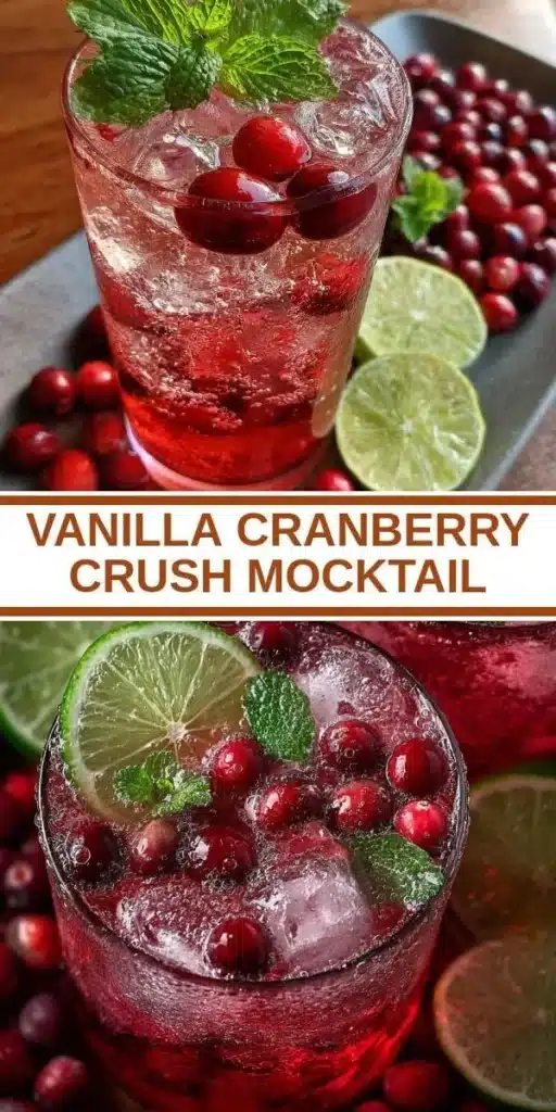 Vanilla Cranberry Crush Mocktail served in a glass with fresh cranberries and vanilla beans.