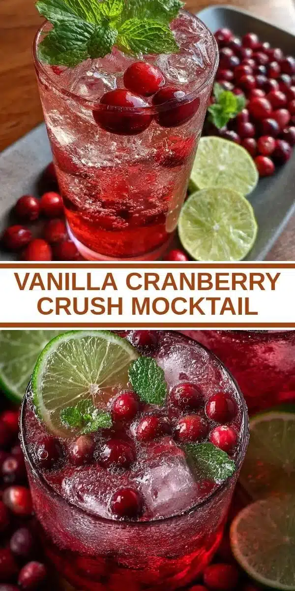 Vanilla Cranberry Crush Mocktail served in a glass with fresh cranberries and vanilla beans.