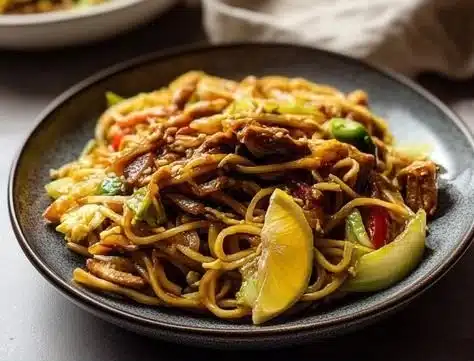 Bowl of Vegan Canton Noodles with colorful vegetables and herbs