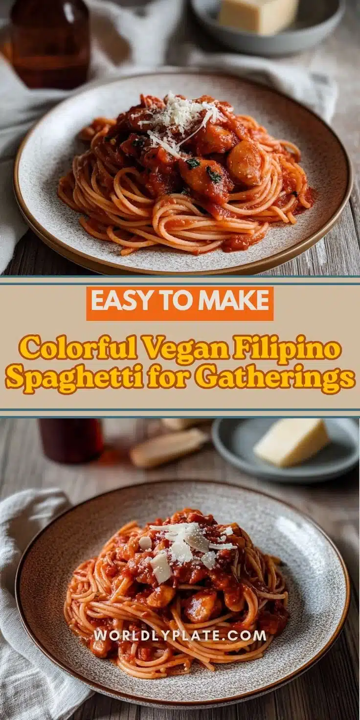 Delicious Vegan Filipino Spaghetti served in a bowl with fresh vegetables
