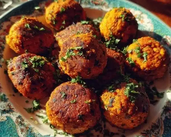 Vegan sweet potato meatballs served with spinach and tomato sauce