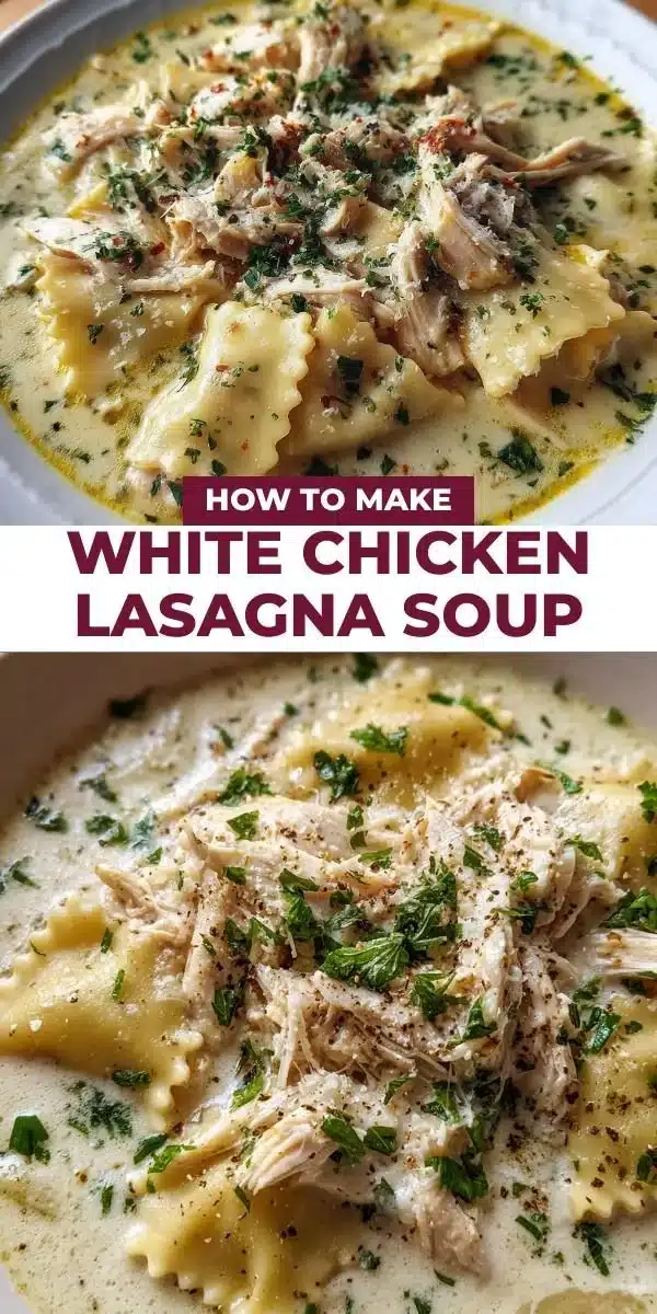 Delicious bowl of white chicken lasagna soup with cheese and herbs