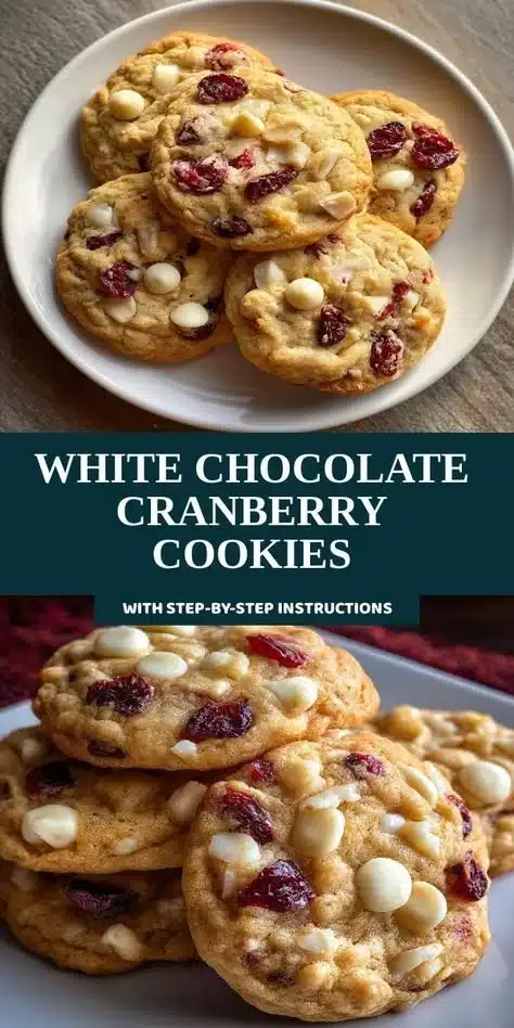Plate of freshly baked White Chocolate Cranberry Cookies with cranberries and white chocolate chunks